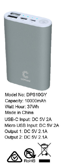 Comsol 10000mAh Dual Port Powerbank Grey CODPS10GY