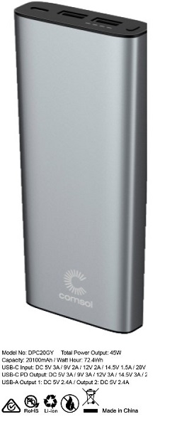 Comsol 20000mAh USB-C Laptop Powerbank Grey CODPC20GY