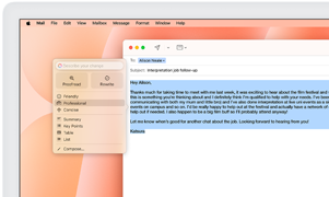Apple Intelligence Writing Tools prompt on a business email in the Mail app, text highlighted, options displayed include revising the email to be more professional, concise, friendly