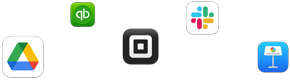 A variety of business app icons in a scattered array including Keynote, Slack, Square, Quickbooks, Google Drive