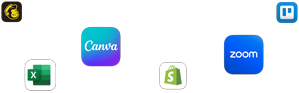 A variety of business app icons in a scattered array including Mailchimp, Microsoft Excel, Canva, Shopify, Zoom, Trello