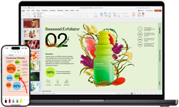 MacBook and iPhone, screens show different sections of the same colorful PowerPoint presentation about a skincare product to demonstrate continuity across Apple devices