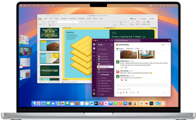 MacBook, screen shows PowerPoint presentation in one window and Slack in another window to demonstrate ease of use of the device