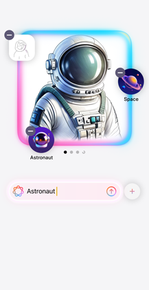 The Image Playground experience shows a stylised visual of an astronaut with suggestions for more elements to add to the visual