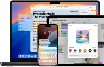 iPhone, iPad and MacBook with new features on screen, such as Writing Tools on MacBook, Image Playground on iPad and all-new Siri features on iPhone
