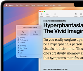 Writing Tools shown on screen, featuring a text field that allows you to enter prompts to help you get started, proofread and rewrite, and choose different tones of writing voice