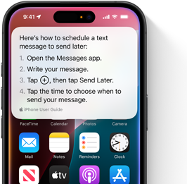 An iPhone is shown with step-by-step guidelines on how to schedule a text message to send later