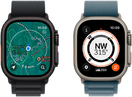 Two Apple Watch Ultra 3 devices, one showing maps and the other showing Backtrack features including compass, elevation and marked waypoints