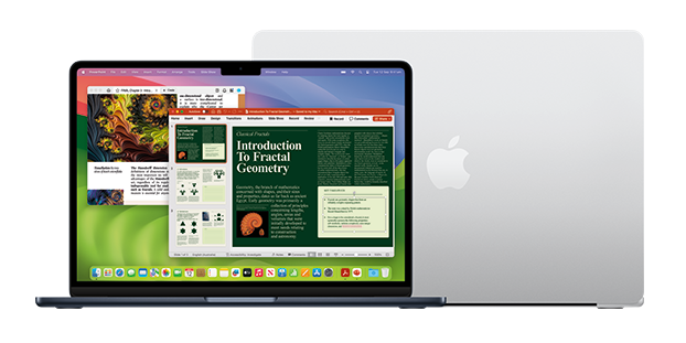 MacBook Air family product shot. MacBook Air 13 is opened and facing towards viewer. The back of the lid for a MacBook Air 15 is displayed behind the MacBook Air 13, with the Apple logo shown.