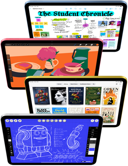 Front-facing iPad screens show a variety of Apple apps and App Store apps