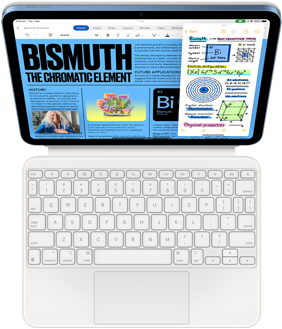 iPad attached to Magic Keyboard Folio, screen is showing Slide Over with Pages and Notes app