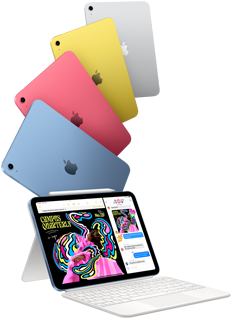 iPad in blue, pink, yellow and silver colours, and iPad attached to the Magic Keyboard Folio with Apple Pencil