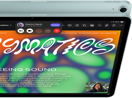 iPad Air, Blue colour, top exterior, screen showing Keynote app on screen sharing feature during FaceTime video call, back exterior, 12MP Wide back camera, volume-up button, volume-down button