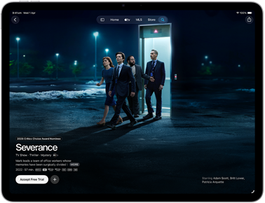 iPad Air, front exterior, screen displays Severance on Apple TV app