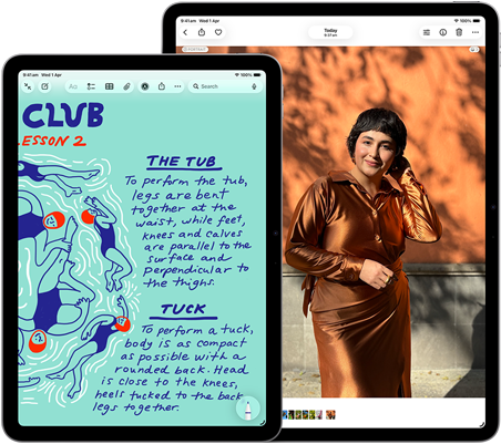 Two iPad Air, sizes: 11-inch and 13-inch, 11-inch shows colourful text on the Notes app, 13-inch screen shows a photo of a person on the Photos app
