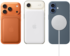 iPhone 17 Pro, back exterior, Cosmic Orange colour, FineWoven Wallet with MagSafe in Fox Orange colour; iPhone Air, back exterior, Light Gold colour, with Magsafe Battery; iPhone 17, back exterior, Mist Blue colour, with Silicone Case in Anchor Blue colour and MagSafe Charger