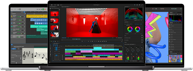 Two open 15-inch MacBook Air models in Silver finish and one open 16-inch MacBook Pro in Space Black finish, with screen images demonstrating various lifestyle and work apps run on Apple silicon.