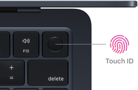 Touch ID sensor located in top right corner of MacBook Air keyboard in midnight.