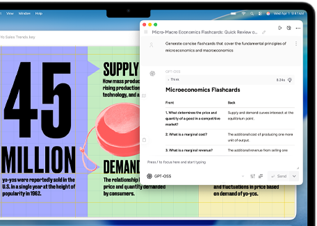 MacBook Air screen showing Apple Intelligence Writing Tools creating flash cards about micro- and macro-economics