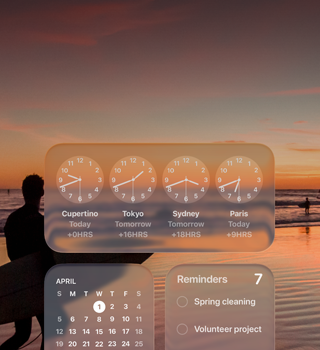 Liquid Glass Clock, Calendar, Reminders and Weather widgets on macOS Tahoe screen over a scene of a surfer walking on the beach at sunset
