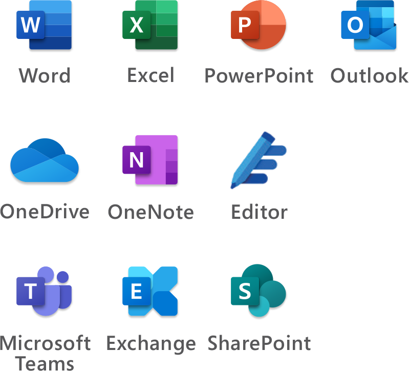 Word, Excel, PowerPoint, Outlook, OneDrive, OneNote, Editor, Microsoft Teams, Exchange, SharePoint