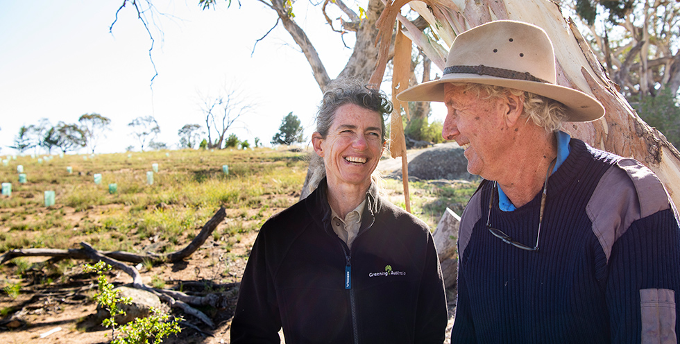 Landholder Charles Massy, and Greening Australia Ecologist, scientist Nicki Taws at our Restoring Australia planting site in Monaro. 