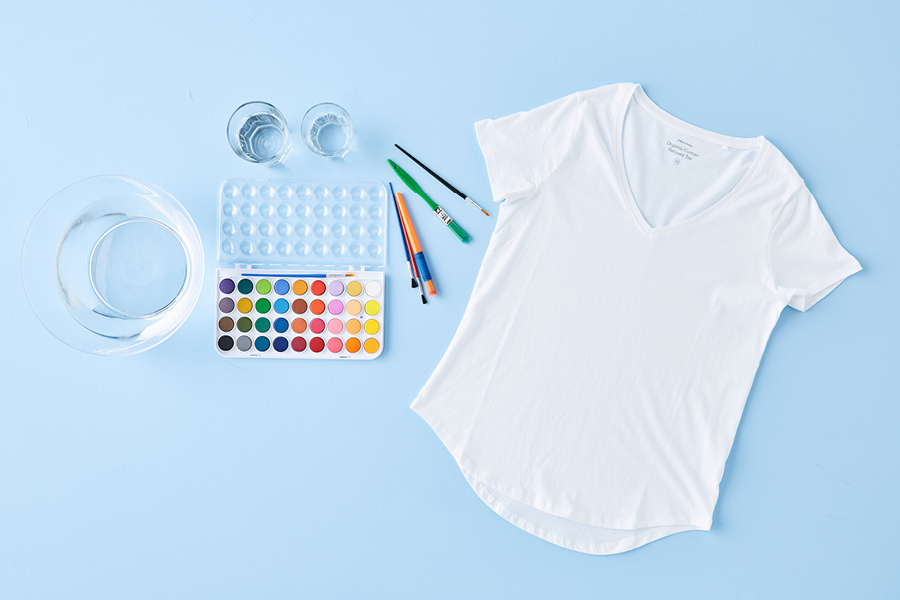 Don’t be afraid to try watercolours of all shades when designing this T-shirt