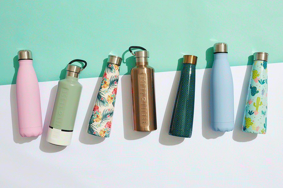Officeworks refillable steel drink bottles are a good alternative to single-use plastics.