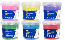 Examples of Kadink Sand products showing coloured sand in clear plastic buckets