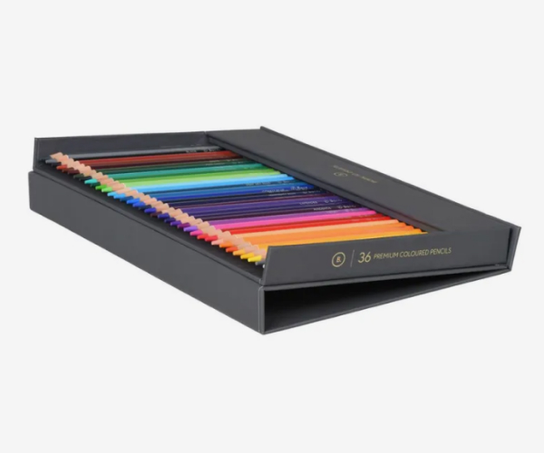 A tin of 36 coloured pencils from Born, opened