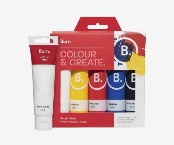 A set of five acrylic paints from Born: white, yellow, red, blue and black