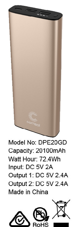 Comsol 20000mAh Aluminium Dual Port Powerbank Gold CODPE20GD